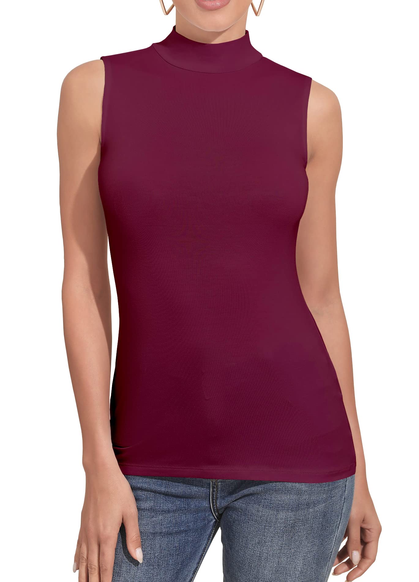 UNTYHOTS Women's Sleeveless Long Sleeves Mock Turtleneck Top Basic Stretch Fitting Pullover Lightweight Slim Shirt
