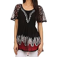 Sakkas Cora Relaxed Fit Batik Design Embroidery Cap Sleeves Blouse/Top