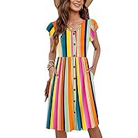 WNEEDU Women Summer Dresses Sleeveless Casual Loose Swing Button Down Midi Dress with Pockets