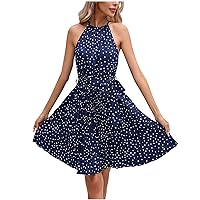 Summer Dresses for Women 2023 Casual Polka Dot Print Halter Neck Sleeveless Tie Front Slim Fit and Flare Swing Dress