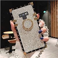 for Samsung Galaxy Note 9 Luxury Bling Glitter Sparkle Cute Gold Square Corner Soft Shock-Absorption Phone Holder Case Cover with Strap - Silver