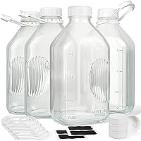 4 Pack 2 Qt Glass Milk Bottles with Handle and Airtight Reusable SCREW LID - 64 Oz Glass Juice Bottles, 1/2 Gal Glass Water Bottles, Glass Milk Jug Pitcher with Scale