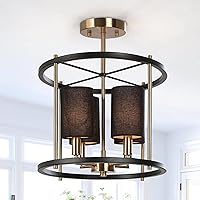 Mid-Century Modern Semi Flush Mount Ceiling Light, Black and Gold Close to Ceiling Light Fixture with Fabric Shade for Hallway, Bedroom, Kitchen and Entryway (4-Lights)
