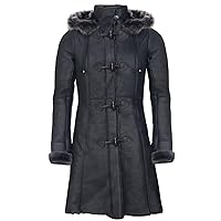 Infinity Leather Ladies Black Snowtip Merino Shearling Sheepskin Hooded Duffle Coat