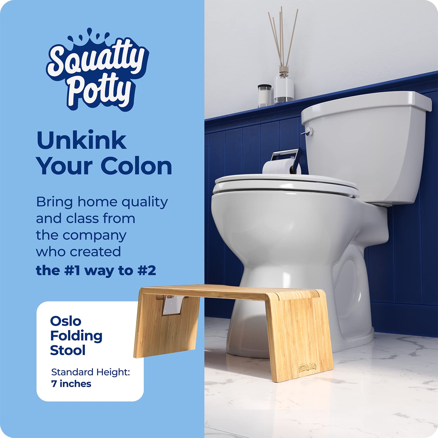 Squatty Potty Oslo Folding Bamboo Toilet Stool – 7 Inches, Collapsible Bathroom Stool for Kids and Adults – Brown, Portable and Space-Saving
