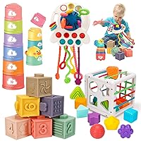 Montessori Baby Toys 6-12-18 Months, Infant Pull String Stacking Cups Shape Sorter Toy 6 7 8 9 10 11 12 M+ Sensory Development Learning Toy 6-9 9-12 Months Birthday Gift for 1 Year Old Boy Girl