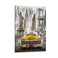 Posters New York City Yellow Cab Wall Art Decor Black and White Times Square Modern Art Canvas Prints for Living Room Bedroom Office Kitchen Decor 12x18inch(30x45cm) Frame-Style