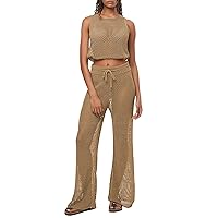 Women's Swimsuit Cover Up Set 2 Pieces Crochet Sleeveless Crop Top Wide Leg Long Pants Beach Coverups