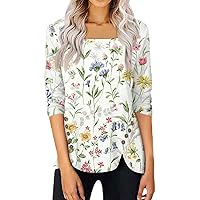 3/4 Length Sleeve Womens Tops Summer Trendy Square Neck Plus Size Oversized Graphic Sexy Cute Dressy Casual Blouses