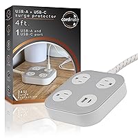 Cordinate Adapt Surge Protector, 3-Outlet, 1 USB-A, 1 USB-C, 4ft., Cream/Gray Power Strip Surge Protector Braided 4 ft Extension Cord Flat Plug Electrical Extender for School Office 500 Joules, 81665