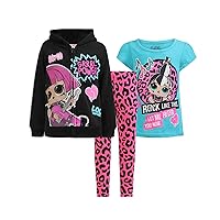 Girls T-Shirt, Hoodie, and Legging Set for Little and Big Kids – Pink/Blue/Black