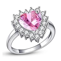 Uloveido Women's Big Heart Cubic Zirconia Promise Wedding Ring for Her, Platinum Plated Pink Love Ring for Girls J461