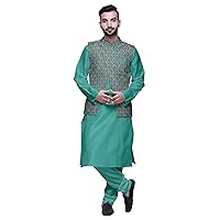 Atasi Men Mandarin Collar Solid Kurta Churidar Pajama & Printed Nehru Jacket Set