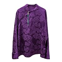 Women Blouse Silk Pleated Mock Collar Connect Shoulder Sleeve Hand Button Retro Purple Top 133