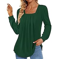 Funlingo 2024 Women's Long Sleeve Tops Dressy Pleated Square Neck Tunic Blouses Casual Loose Shirts