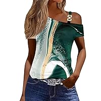 Summer Shirts for Women Cold Shoulder Short Sleeve Asymmetrical Tops Metal Buttons Hollow Blouses Solid Color Clothes