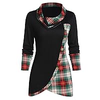 Women's Sweatshirt Sweaters Long Sleeve Turtleneck Plaid Button Pullover Thin Irregular Tunic Top Blouse