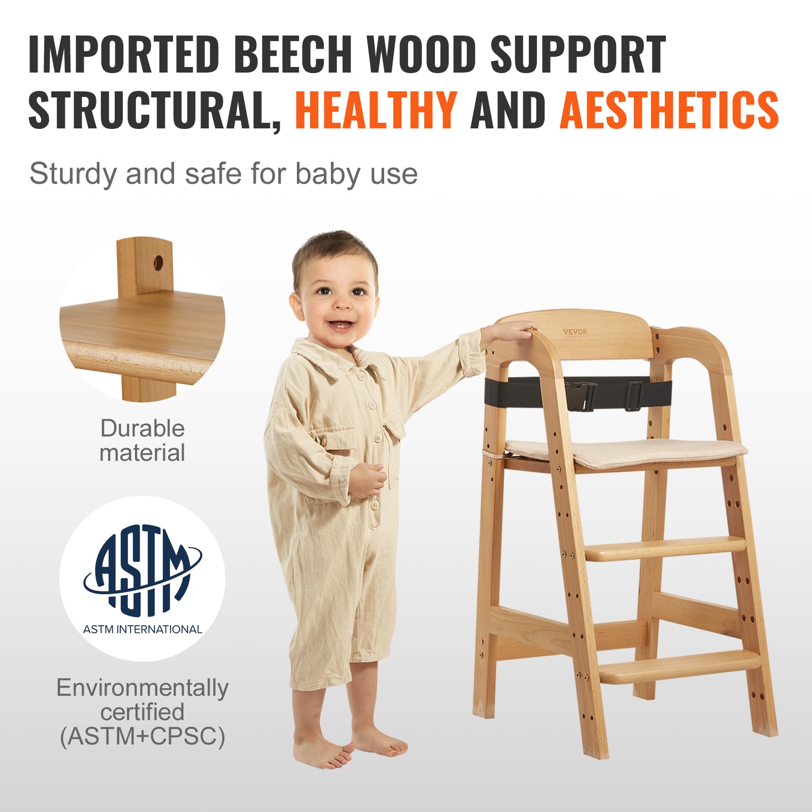 VEVOR Wooden Convertible Adjustable Feeding, Eat & Grow High Cushion, Portable Baby Dining Booster Seat, Beech Wood Toddler Chair, Natural