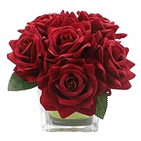 Artificial Velvet Rose Flower Centerpiece Arrangement in vase for Home Wedding Decoration (Burgundy)
