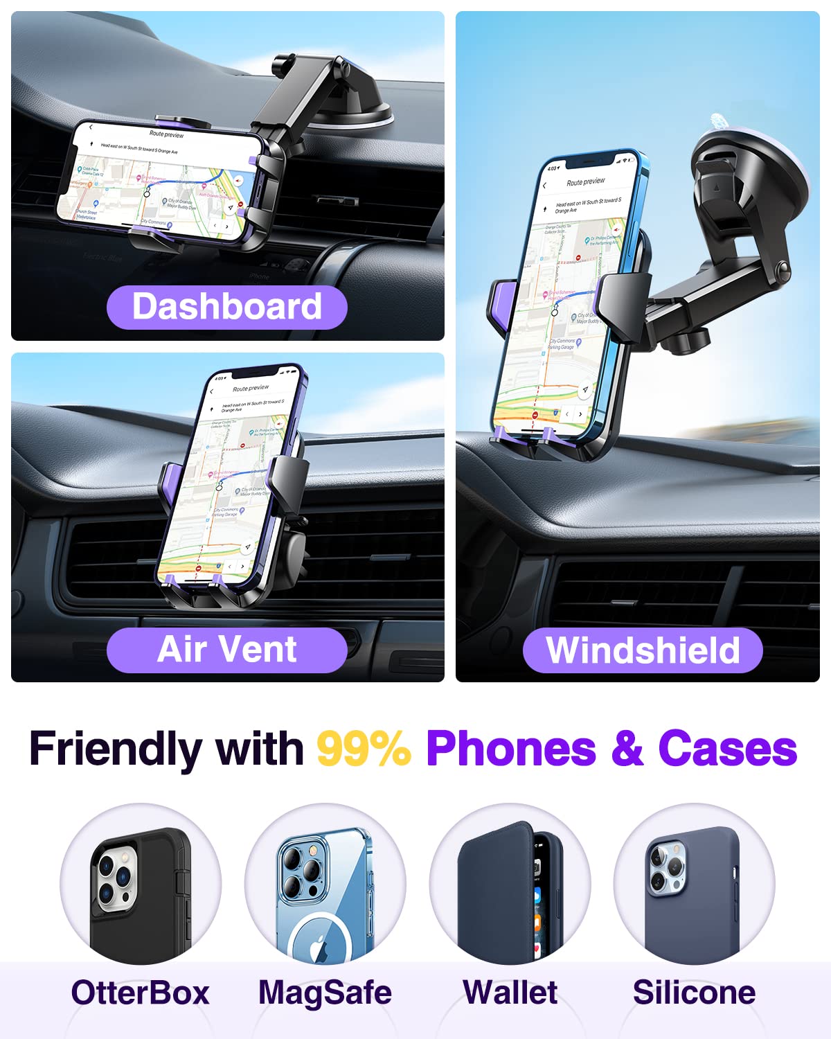 VANMASS Universal Car Phone Mount,【Patent & Safety Certs】 Upgraded Handsfree Dashboard Stand, Phone Holder for Car Windshield Vent, Compatible iPhone 14 13 12 11 Pro Max Xs XR X, Galaxy (Purple)