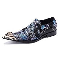 Mens Dress Loafers Floral Embroidered Leather Slip On Sequin Pointed Dragon Metal Tip Smoking Style Wedding Party Shoes