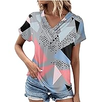 Women's Cute Tops Spring and Summer Fashion Retro Printed T-Shirt Pleated Button V Neck Short Sleeve Top, S-2XL