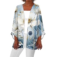 Cute Cardigans for Women Trendy Kimono Cardigans for Women 2024 Summer Floral Print Draped Open Front with Long Puff Sleeve Cruise Outfits White X-Large