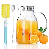 Glass Pitcher with Lid, Glass Water Pitcher with Lid and Spout, 68 Ounces Heat Resistant Borosilicate Glass Carafe with Brush and Mixing Spoon, Temperature Safe