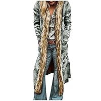DASAYO Womens Raw Hem Long Cardigans Trench Coat Vintage Midi Lenght Outerwear Extended Boho Western Faux Fur Hoodie