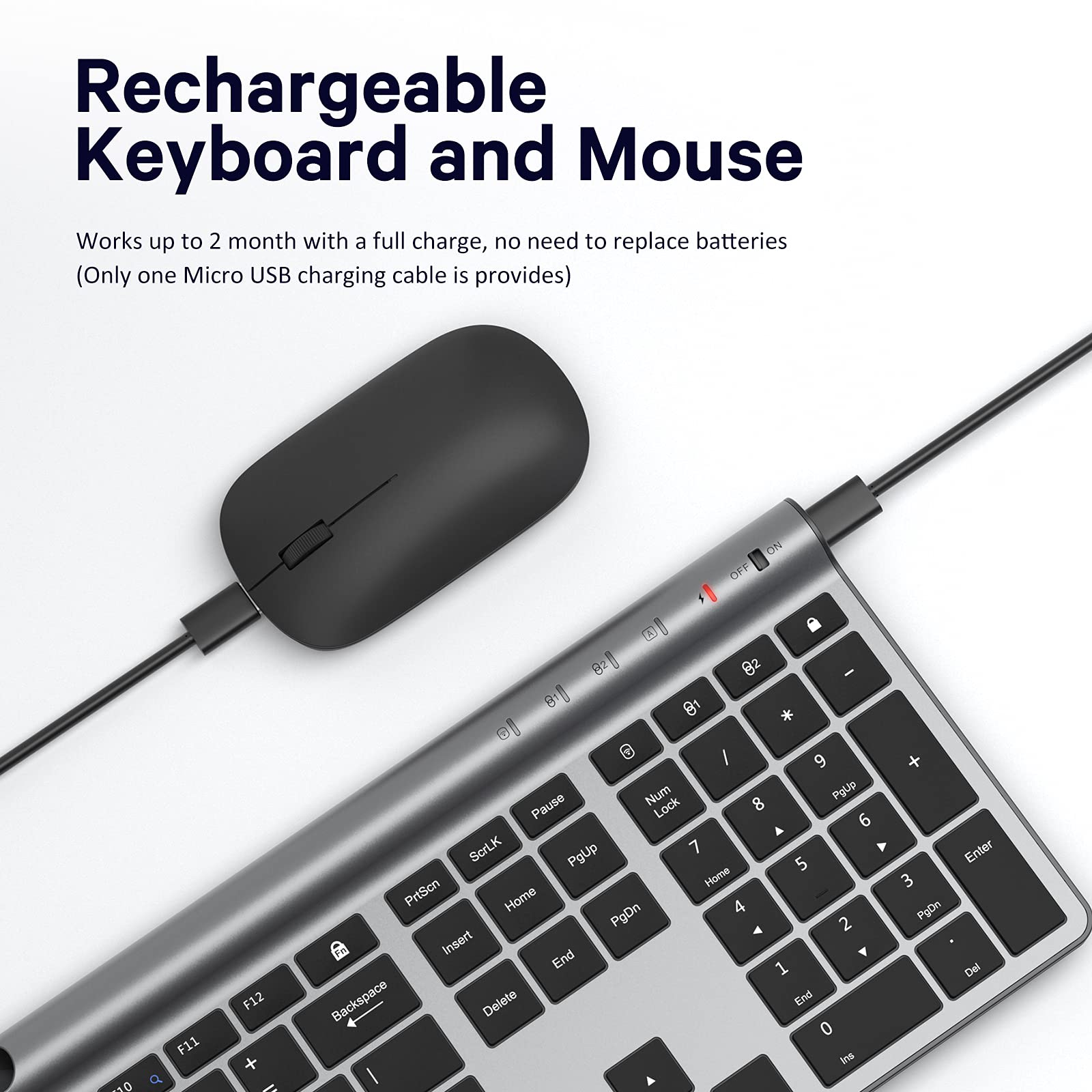 Wireless Keyboard and Mouse Combo, CHESONA Bluetooth Rechargeable Full Size Multi-Device (Bluetooth 5.0+3.0+2.4G) Wireless Keyboard Mouse Combo for Mac OS/iOS/Windows/Android (Silver Black)