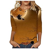 Women 3/4 Sleeve Tops Halloween T-Shirts Round Neck Dressy Casual Tee Blouses Bat Print Tunic Top Cute Fall Outfits