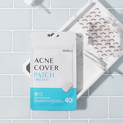Avarelle Pimple Patches (40 Count) Hydrocolloid Acne Cover Patches | Zit Patches for Blemishes, Zits and Breakouts with Tea Tree, Calendula and Cica Oil for Face | Vegan, Cruelty Free Certified, Carbonfree Certified (40 PATCHES)