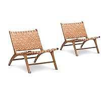 Scandinavian Cognac Woven Leather Chair, Boho All Wood Teak Living Room Chairs Side Modern Accent Chairs for Bedroom Balcony Sunroom Chase Lounger Brown Faux Leather (Natural Teak)