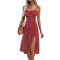 Sun Dress for Beach Vacation Spaghetti Strap Dresses for Women Floral Print Casual Pretty Sexy Slit Slim with Sleeveless Low Neck Beach Dress Red X-Large