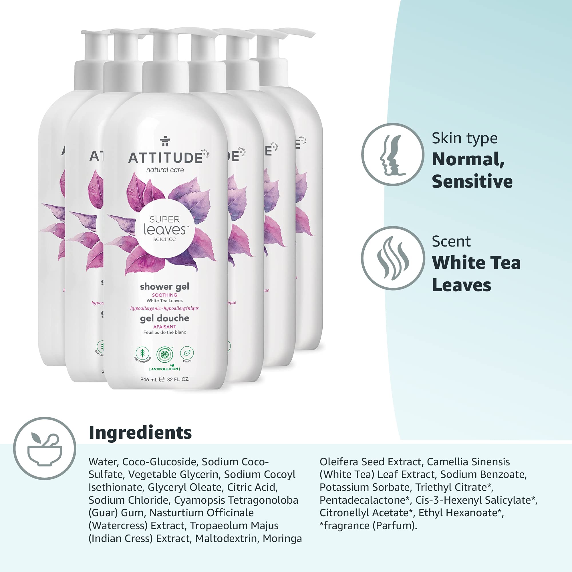 ATTITUDE Body Wash, EWG Verified, Plant- and Mineral-based Ingredients, Vegan and Cruelty-free Shower Soap, White Tea Leaves, 32 Fl Oz (Pack of 6) (11597)