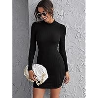 Dresses for Women Mock-Neck Solid Bodycon Dress (Color : Black, Size : Small)