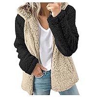 Womens Fuzzy Fleece Zip Up Hood Jacket Winter Warm Long Sleeve Sweatshirt Color Block Hoodies Soft Casual Outwear