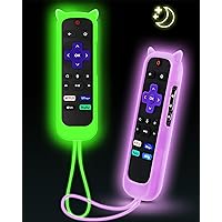 2Pack ONEBOM Cover for Roku Remote with Cat Ears Design, Silicone Skin Case Fit with Hisense/TCL Roku TV, Steaming Stick/Express, Universal Replacement Controller. Glow in The Dark,Green/Purple