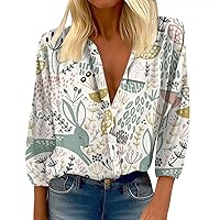 Easter Blouse for Women,Women's 3/4 Length Sleeve Easter Egg and Bunny Print Shirt Round Neck Casual Slim Fit Button Shirts