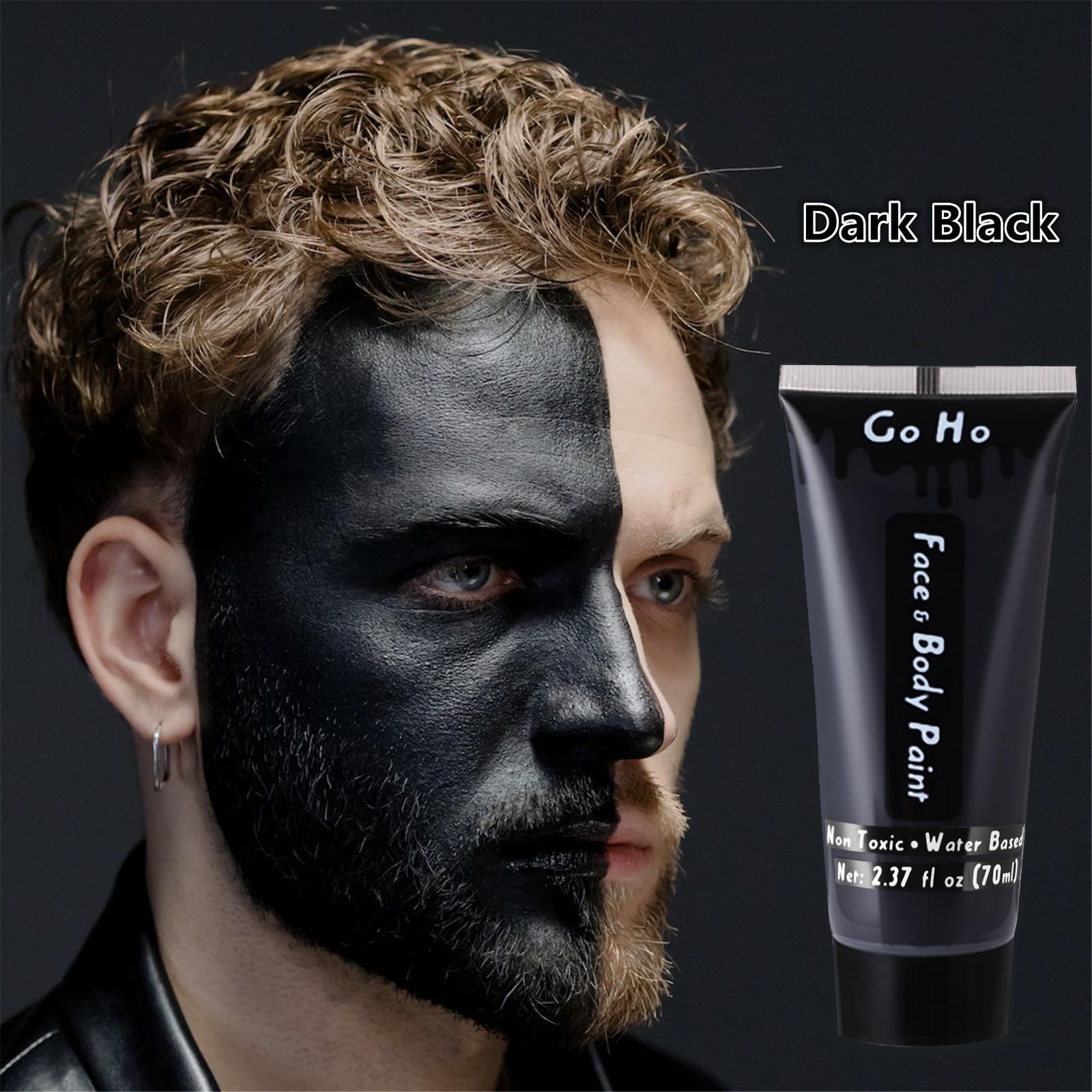 Go Ho Black Body Paint Washable(2.37 oz),Water Based Black Face Paint,Makeup Skull Skeleton Clown Black Face Body Paint for SFX Cosplay Costumes Festivals Halloween Make up