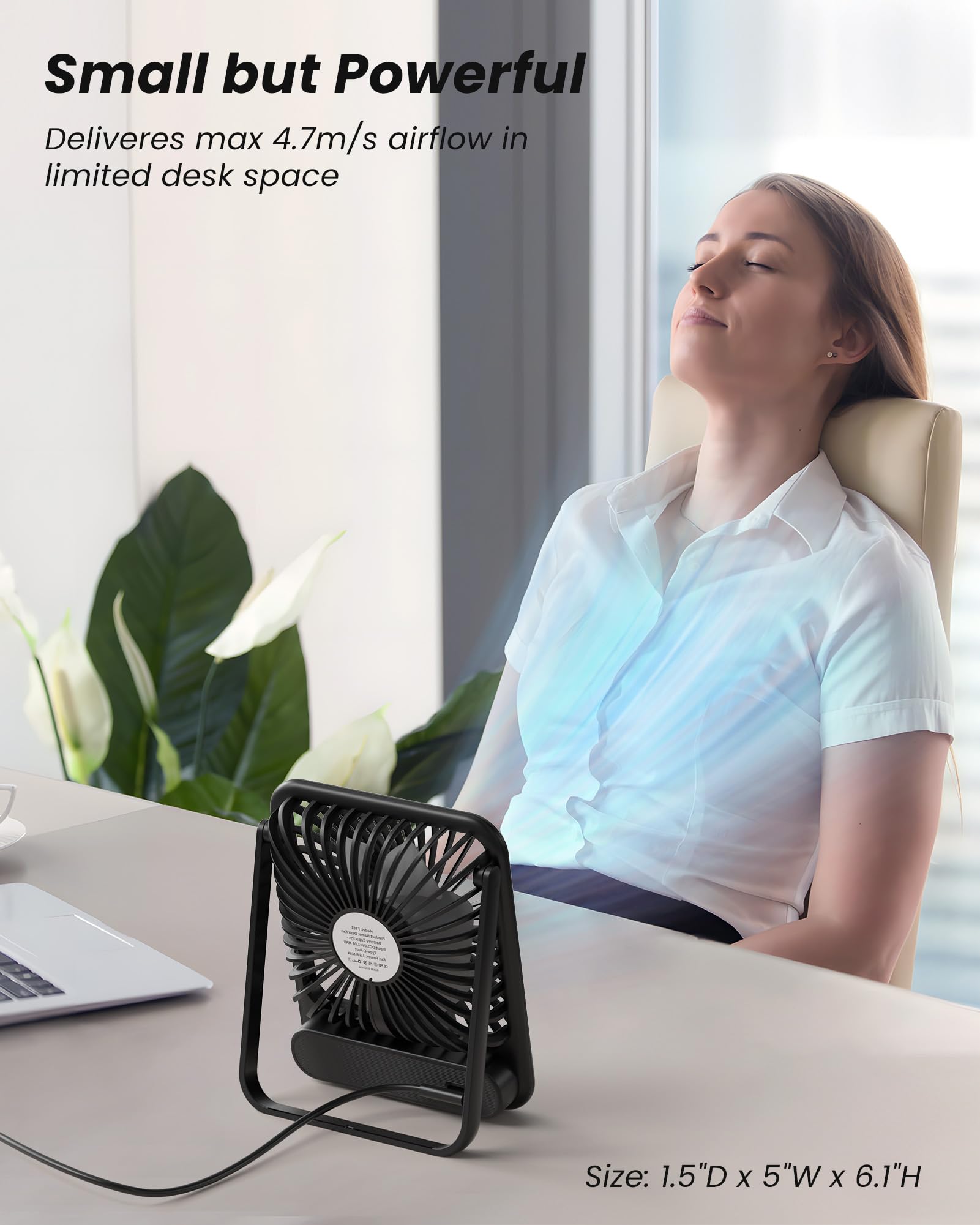 Koonie USB Desk Fan, Strong Wind Ultra Quiet Small Personal Fan with 180° Tilt Folding and 3 Speeds Adjustable, USB-C Corded Powered Mini USB Fan for Office Desktop Bedroom