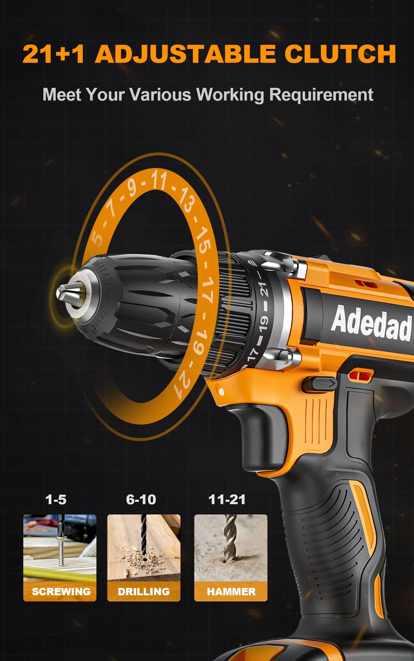 Adedad 20V Cordless Drill Set Electric Power Drill Kit with Battery and Charger, 3/8 Inch Keyless Chuck, 21+1 Position,2 Variable Speed, LED Light and 27pcs Accessories