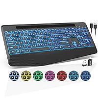 Wireless Keyboard with 7 Colored Backlits, Wrist Rest, Phone Holder, Rechargeable Ergonomic Computer Keyboard with Silent Keys, Full Size Lighted Keyboard for Windows, MacBook, PC, Laptop (Black)