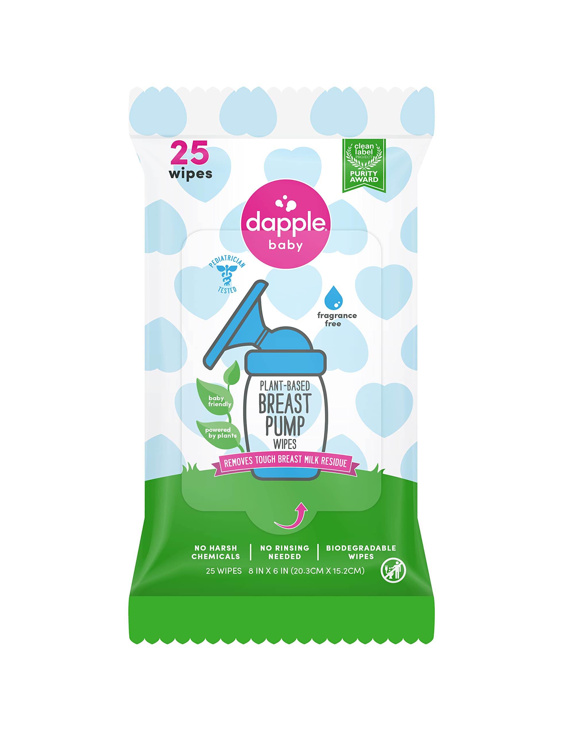 Breast Pump Wipes by Dapple Baby, 25 Count, Fragrance Free, Plant Based & Hypoallergenic Breast Pump Wipes - Removes Milk Residue, Leaves No Taste - Convenient Wipes Pouch