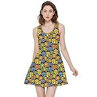 CowCow Womens Autumn Floral and Mushroom Pattern Inside Out Reversible Sleeveless Dress, XS-5XL