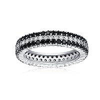 Pave Cubic Zirconia Two Tone 3 Row Stripe AAA CZ Statement Black & White Wedding Eternity Band Ring For Women .925 Sterling Silver