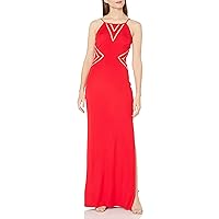 Aidan by Aidan Mattox Women's Long Halter Jersey Gown with Sheer Inset Neckline and Waist Detail, Red, 4