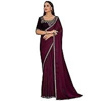 Indian festival Woman Silk Satin Saree Velvet zarkan Blouse Sari 1410