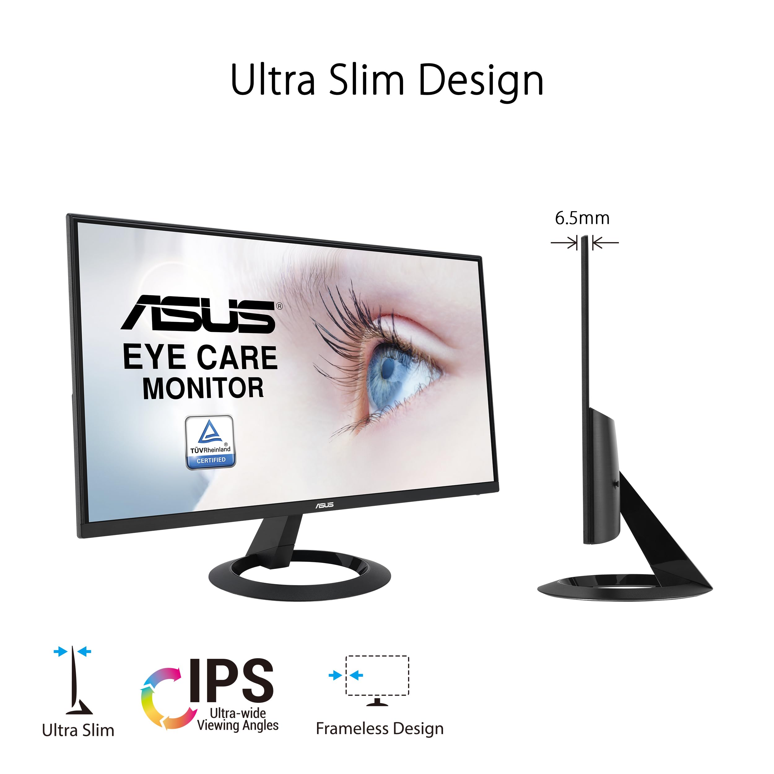 ASUS 22” (21.45” viewable) 1080P Eye Care Monitor (VZ22EHE) - Full HD, IPS, 75Hz, 1ms (MPRT), Adaptive-Sync, HDMI, Low Blue Light, Flicker Free, HDMI, VGA, Ultra-Slim,Black