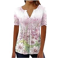 Floral Print Tunic Tops for Women, Women's Button Up V Neck Henley Shirts Casual Loose Hide Belly Short Sleeve Summer Blouses
